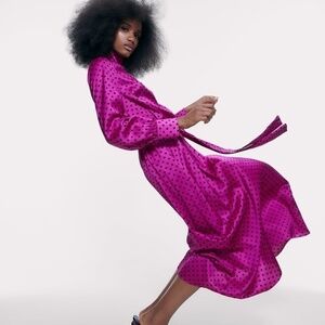 NWT ZARA POLKA DOT FUCHSIA SMALL DATE NIGHT MIDI DRESS